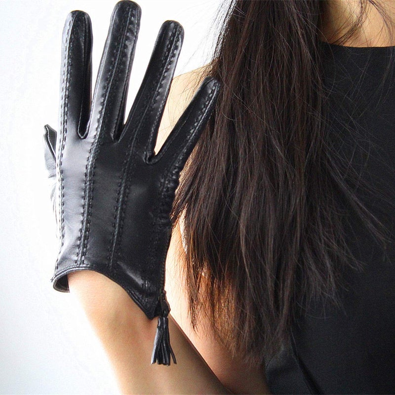 DooWay Short Black Touchscreen Real Leather Gloves, Imported Goatskin Leather Tassel Zipper Unique Pop Finger Gloves, size S - Image 2